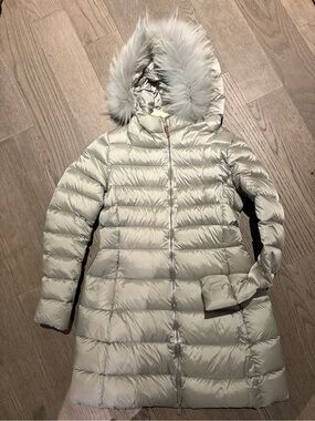 Add Down Light Gray Quilted Down Coat with Faux Fur Hood